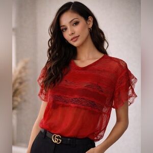 Isabel Marant Sheer Red Lace Blouse Silk Flutter Sleeve